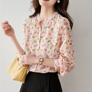Cherry Print Blouse front button down long sleeve top green leafs